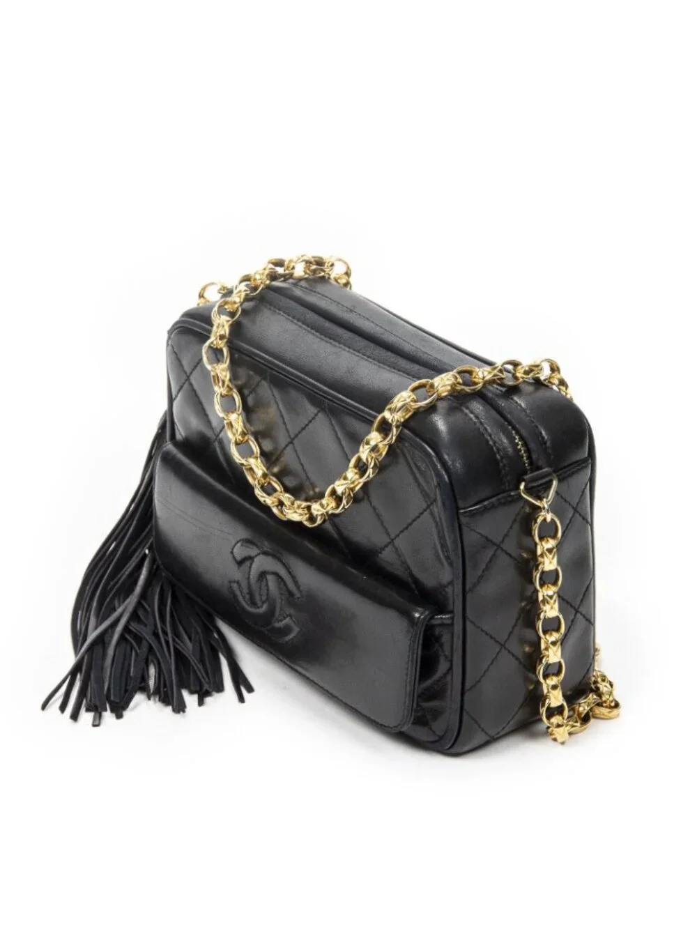 Chanel CC Logo Fringe Chain Shoulder Bag Black Quilted Lambskin Leather